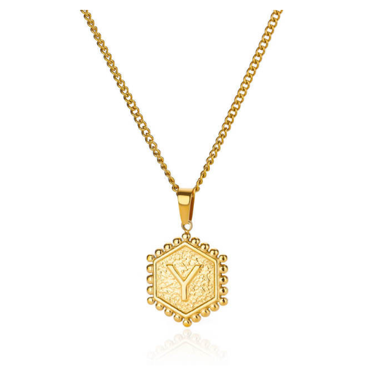 Fashion Hexagon A-Z Letter Necklaces For Women Stainless Steel Initial Hexagon Pendant Necklace Y