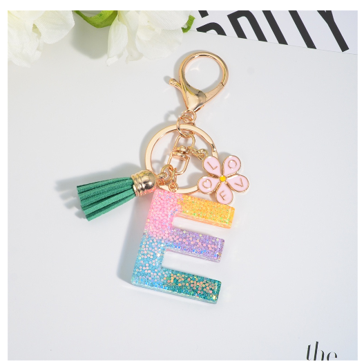 Fashion 26 Letter Resin Keychain A-Z Round Sequins Filled Alphabet Flower Pendant Keyring with Tassel Bag Ornament Accessories E