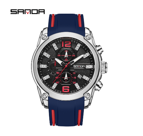 Sanda Business Trend Success Men's Watch Luxury Sports Watch Multifunctional Watch SILVER BLUE RUBBER STRAP