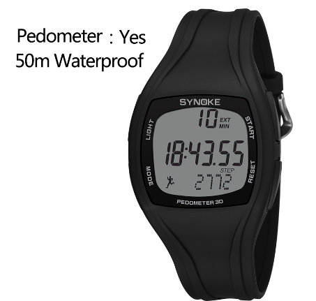SYNOKE Men Watch 50M Waterproof 3D Pedometer Digital Military Sport Watches BLACK