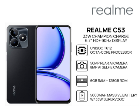 Realme C53 Smartphone | 6GB+128GB | 6.7” HD+ 90Hz Display | Unisoc T612 | 50MP Main Camera | 5000mAh