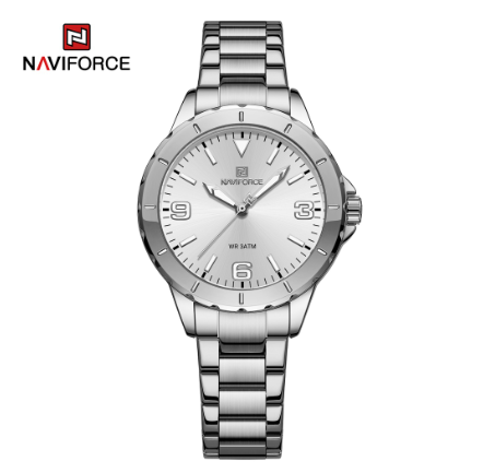 Naviforce Women Fashion Top Brand Luxury Blue Gold Ladies Genuine Leather Bracelet Classic Female Clock SILVER