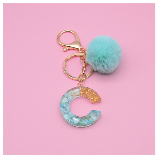 Cute Keyring Green Pompom Fur Ball 26 Letter Keychain Resin Key Chains Handbag Charms For Woman Ornaments Accessories Gift C