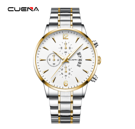 Original CUENA Men's Watches Fashion Slim 43CM Dial Casual Business Sports Stainless Steel Waterproof Quartz Analog Watch SILVER GOLD WHITE
