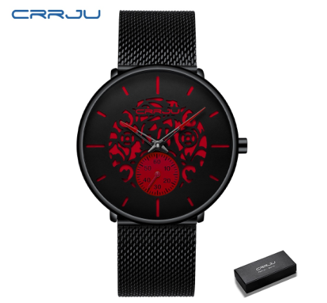 CRRJU Men's Fashion Black Stainless Steel Wrist Watch Waterproof Business Dress Watch for Men 2150S M10