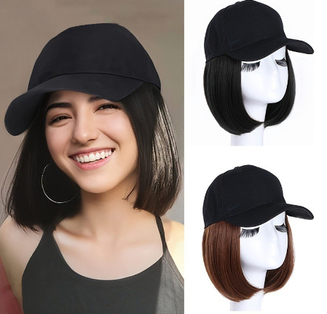 Female Short Straight Hair Baseball Wigs Women Hat Wig Synthetic Bob Natural Fulll Cover Long Hair