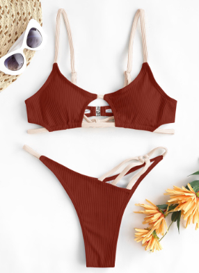 Padded Bikini Two Piece Contrast Strap Ribbed Cut Out Thong Bikinis Set 2022 Sexy Micro Swim