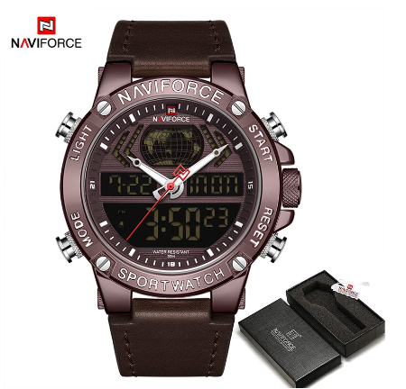 Naviforce NF9164 Men Digital Sport Top Brand Luxury Military Genuine Leather Analog Led Quartz Male Clock COFFEE