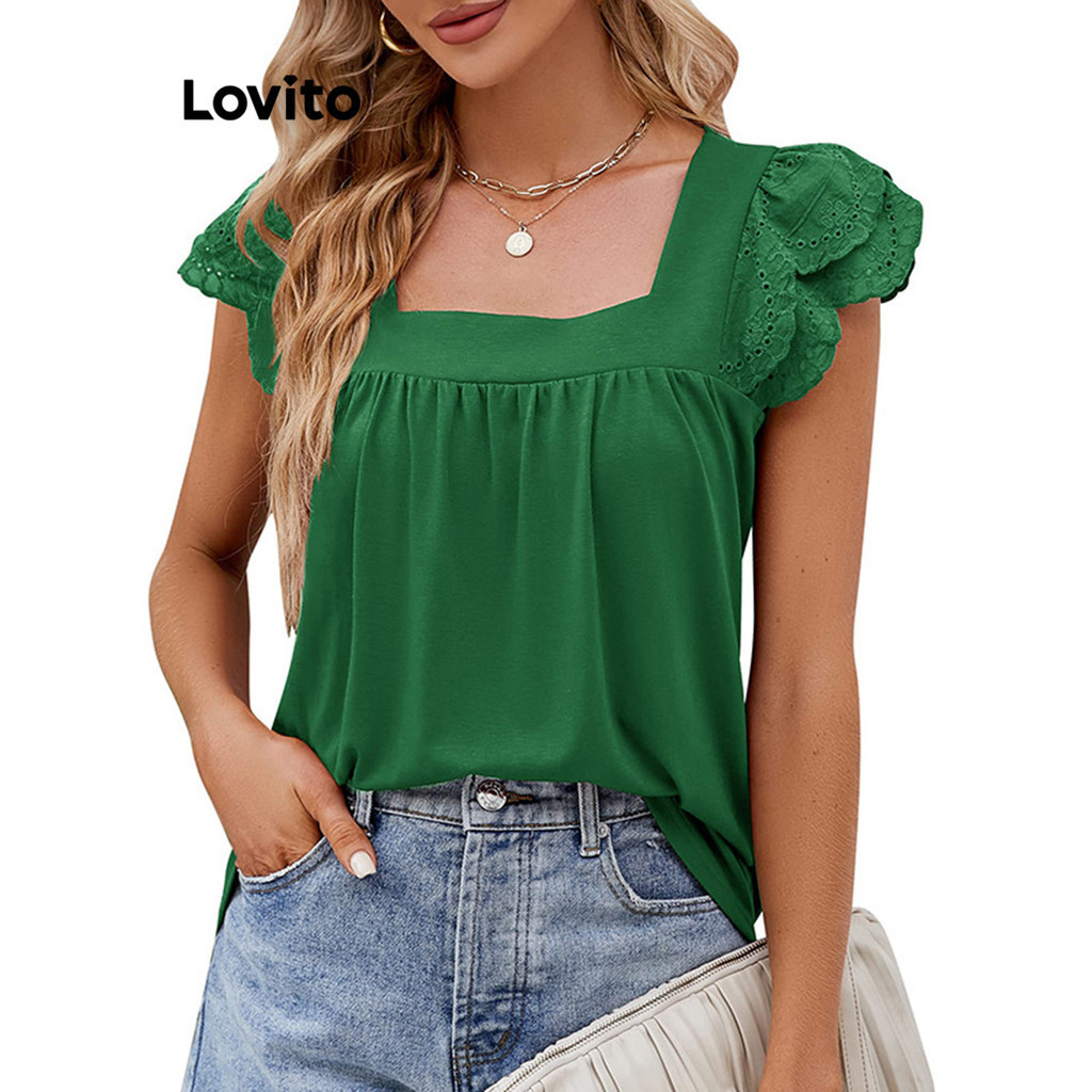Lovito Women Casual Plain Ruffle T-Shirt LNL37016 (Green)