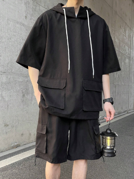 Manfinity Hypemode Men's Hooded Top With Cargo Pocket And Elastic Waist Shorts Two Piece Set