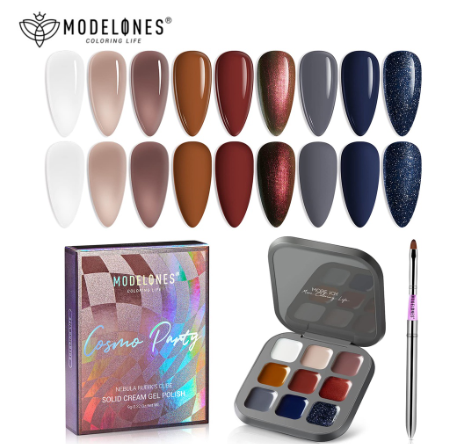 Modelones Gel Nail Polish Set 9 Colors Cosmic Glitter Brown Blue Solid Gel Polish White Nude Jelly Pudding Gel Upgraded Crème Manicure