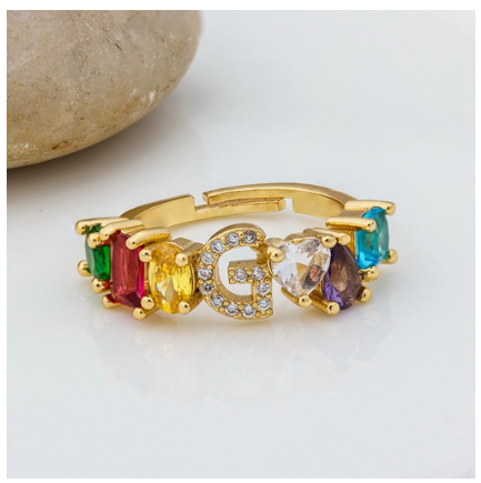 Hot Sale Adjustable A-Z 26 Initial Ring Bohemian Copper Zircon Rainbow Letter Rings for Women Girls Jewelry G