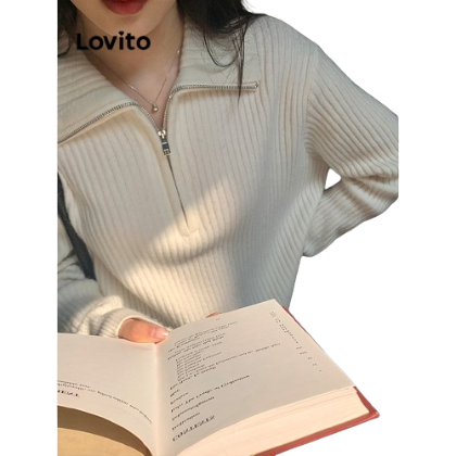 Lovito Women Casual Plain Zipper Basic Sweater LNE30026 (Coffee/Off White/Black)