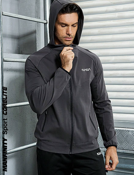 Manfinity Sport Corelite Men Letter Graphic Raglan Sleeve Hooded Sports Jacket Workout Tops