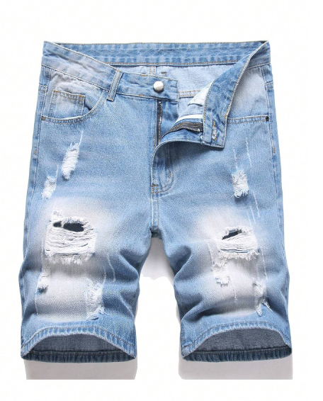Light Blue Denim Shorts For Men, Non-Stretch Straight Leg Distressed Washed Jeans
