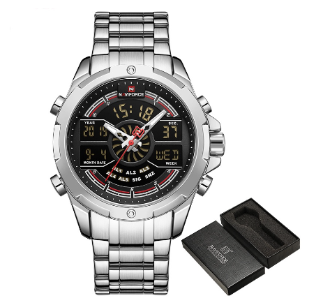 Naviforce Men's Luxury Gold Digital Chronograph Military Sport Quartz Stainless Steel Waterproof Alarm WristWatch SILVER