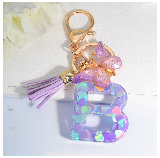 Sparkling 26 Letter Keychain With Butterfly Pendant Exquisite Heart Sequin Filled A-Z Initials Keyrings Bag Pendant Charms Gifts B