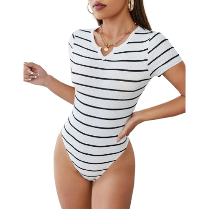 Lovito Women Casual Striped Basic Bodysuit LBA05158 (White)