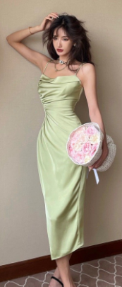 Long Satin Silky Shiny Delicate Beauty Pure Desire Bean Green Waist Slimmer Look Irregular Tube Top Suspender