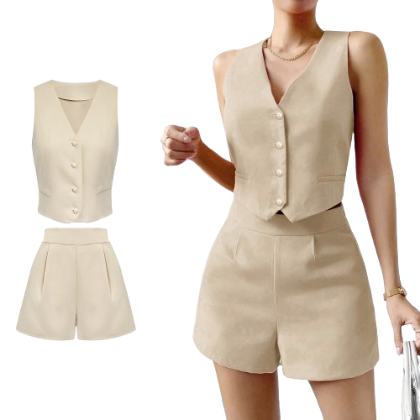 Lovito Women Elegant Plain Button Front Pocket Shorts Set L74ED069
