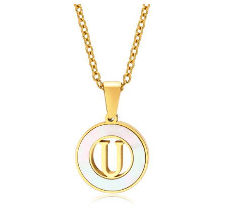 Vnox 18K Gold Stainless Steel Letters Pendant Necklace,Round Hollow 26 Alphabet Necklace for Women U