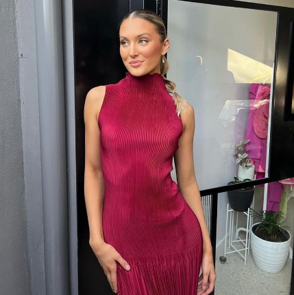 Women High Neck Sleeveless Pleated Sheath Dress