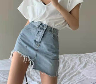 Lovito Women Raw Hem Washed Denim Skirts Lna17179 Light Blue