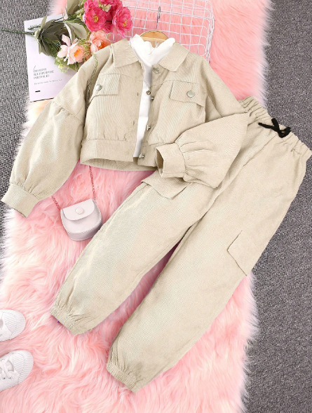 Teen Girls 2pcs Denim Jacket And Cargo Pants Set