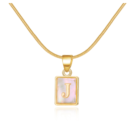 18K Gold 26 Letter Square Pearl Shell Pendant Snake Bone Chain Glow Necklace English Letter Pendant Necklace Gold Shiny J