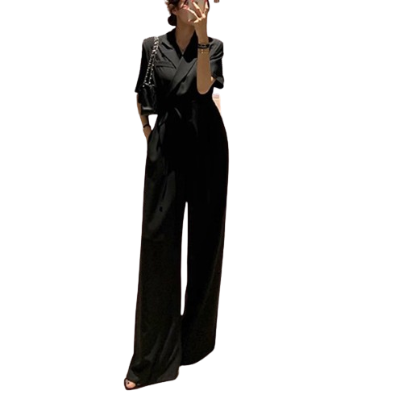 Lovito Women Casual Plain Lace Up Fake Pocket Jumpsuit LNE36095 (Black)