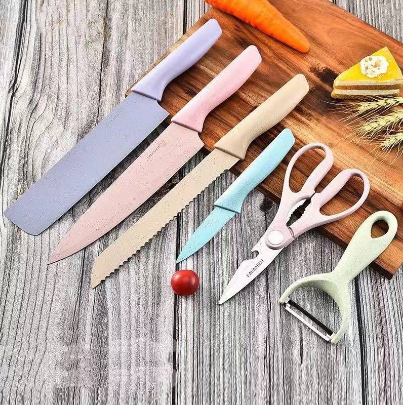No1.go Knife Set 6 PCS Pastel Colors Stainless Steel Chef Knife Bread Knife Cleaver Scissors