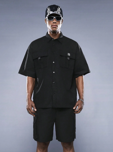 Manfinity StreetEZ Men's Letter Patched Cargo Shirt And Shorts Woven Casual 2pcs/Set