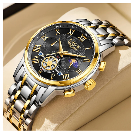 LIGE Business Waterproof Watch Men Fashion Military Quartz Stainless Luxury Sports Full Calendar Chronograph Watch GOLD BLACK
