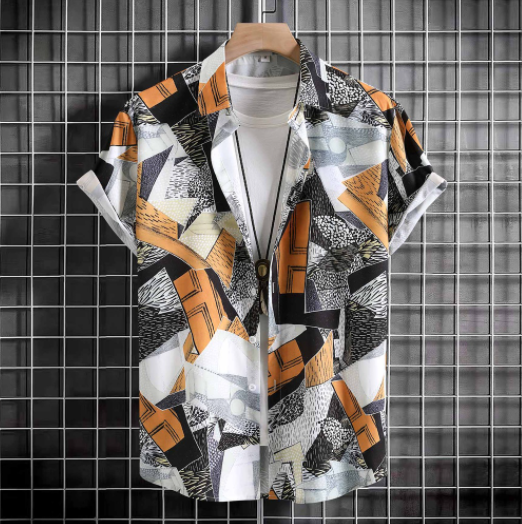 New 2023 Men's Trend Geometric Printed Short Sleeve Lapel Button Casual Floral Shirt Plus Size Stylish Hawaiian Street Wear