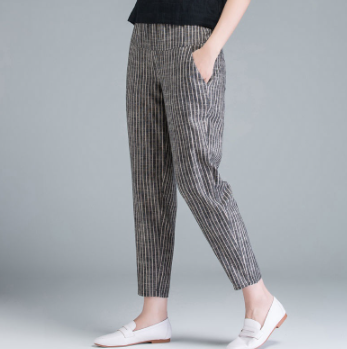 Cotton Linen Harem Pants Women's Summer Korean Style Loose Striped High Waist Casual Pants