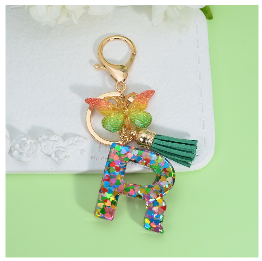 Fashion Butterfly Pendant 26 Letter Keychain Heart Sequins Filled A-Z Initial Key Chains With Tassel Bag Charms Accessories Gift R