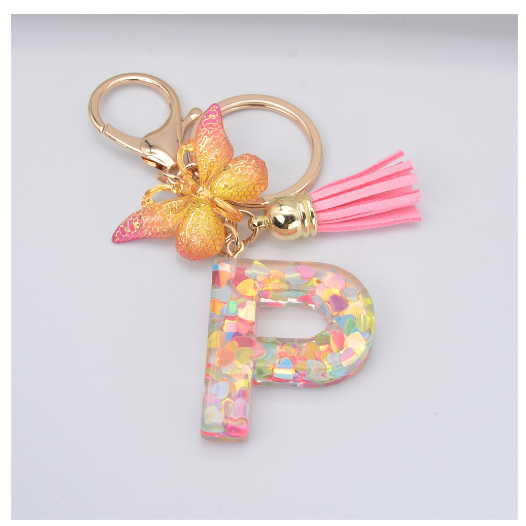 Exquisite 26 Letter Resin Keychain with Pink Tassel Gradient Butterfly Pendant Key Ring Women Bag Ornaments Accessories P