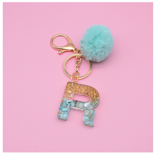 Cute Keyring Green Pompom Fur Ball 26 Letter Keychain Resin Key Chains Handbag Charms For Woman Ornaments Accessories Gift R