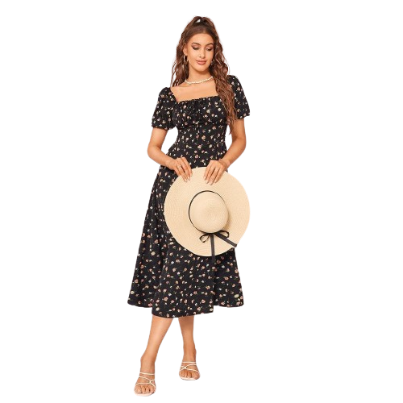 Lovito Romantic Floral Knot Split Thigh Ruched Puff Sleeve A-Line Women Dress L35LD062 (Black)