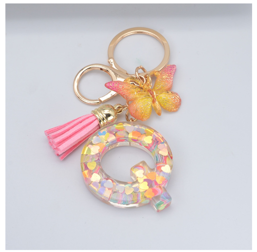 Exquisite 26 Letter Resin Keychain with Pink Tassel Gradient Butterfly Pendant Key Ring Women Bag Ornaments Accessories Q