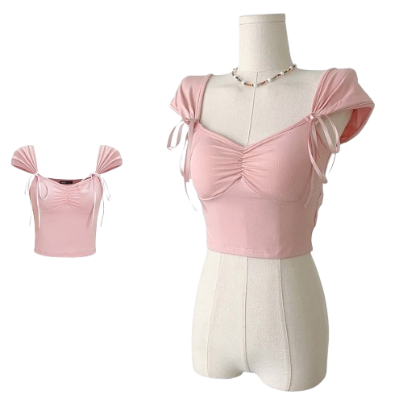 Lovito Women Bow Pleated T-Shirt L58Ad013 (Pink)