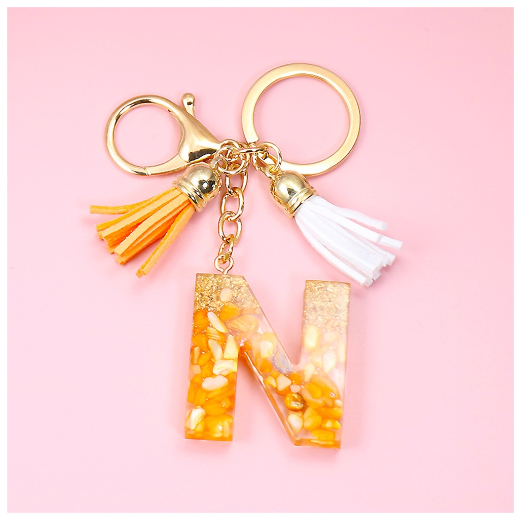 Tassel Gold Foil A-Z 26 Letter Pendent Keychain for Women Orange Resin Keyrings Girls Bag Ornamant Accessories Charms Gifts N