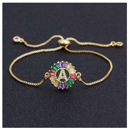 New Fashion A-Z Initial Colorful Cubic Zircon Letter Bracelets Adjustable Chain Rainbow Jewelry A