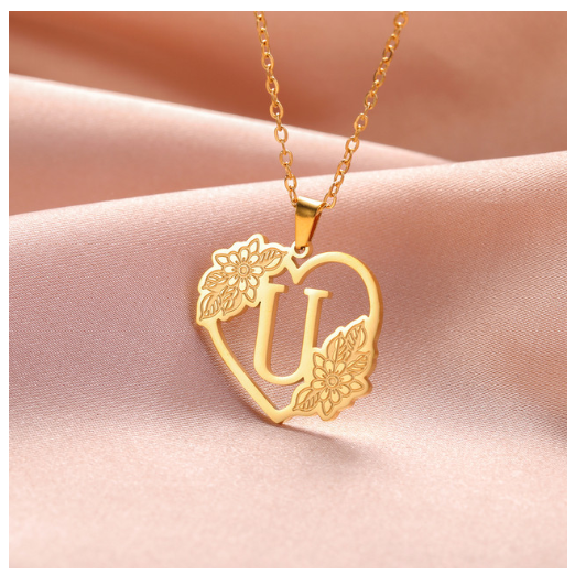 A-Z Initial Flower Necklace Women Stainless Steel Letter Heart Pendant Necklace Choker U