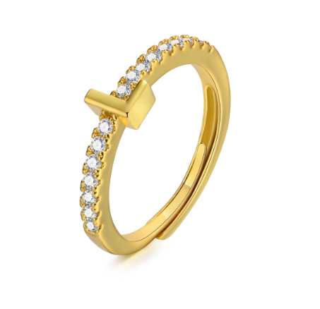 Vnox 26 Lettes Gold Luxury Ring,Shiny Zircon Initial Ring,Opening Adjustable Rings for Women L