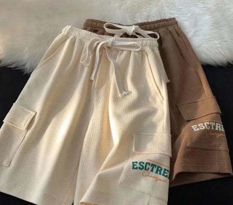 Korean Style Waffle Pocket Letter Printed Drawstring Straight Shorts For Men Summer All Match Casual Loose Trendy Fashion Student Teens Wide Leg Five Point Shorts Mens