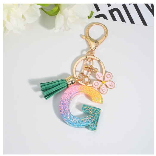Fashion 26 Letter Resin Keychain A-Z Round Sequins Filled Alphabet Flower Pendant Keyring with Tassel Bag Ornament Accessories G