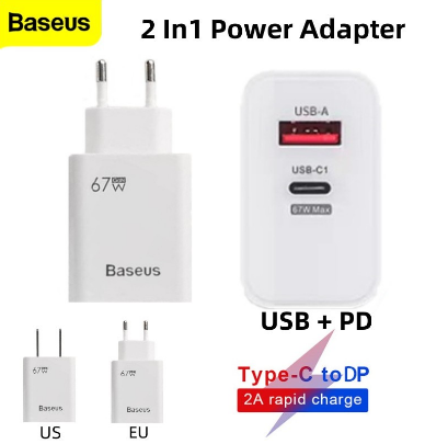 Baseus 2 In1 USB+ PD Port 67W 2A Power Adapter Fast Charging for Mobile Phone Charger Fast Charging Head Power Adapter