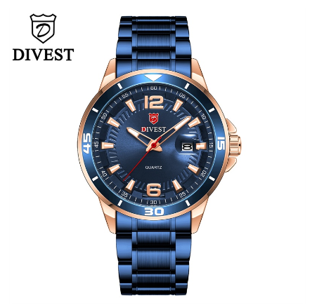 DIVEST Brand Luxury Mens Watches Fashion Waterproof Quartz Casual Male Military Original Calendar Men's Watches 9025 ROSEGOLD BLUE