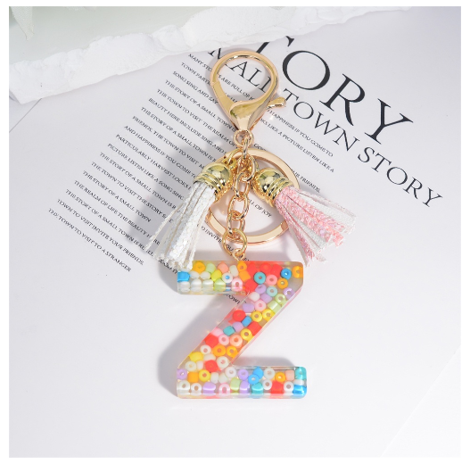 Colorful Beades Filled A-Z 26 Letter Keychains For Women Fashion Initials Keyring With Tassel Bag Pendant Accessories Souvenir Z